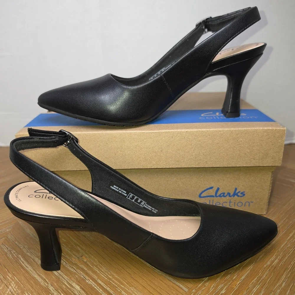 Clarks Kataleyna Step Black Leather Slingback Pumps Women 6M Heels NWB